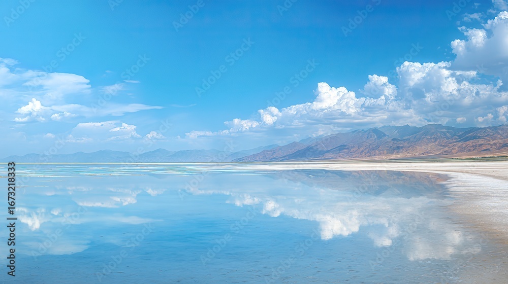 Fototapeta premium The azure sea, the white salt lake surface reflects the mountains and clouds in the distance, and the pure light blue hue creates a serene and relaxing atmosphere.