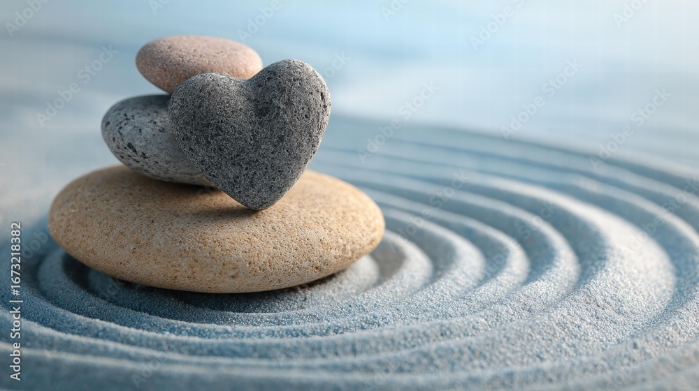 Fototapeta premium Heart-shaped stone stacked on two stones for peace World Mental Health Day.