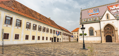 Government buildings next to St. Mark's Church in the historic center of Zagreb, Croatia.