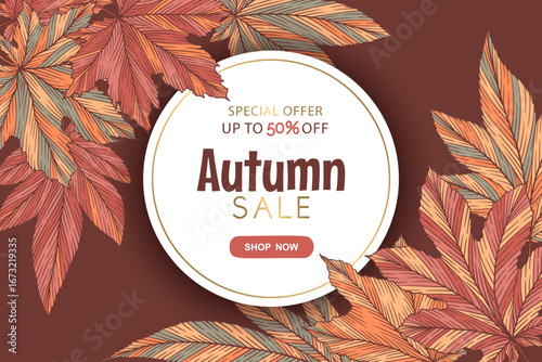 Vector autumn sale round banner template with hand drawn maple leaves isolated on brown background. Fall leaf vector illustration. Seasonal design for website poster card flyer advertising