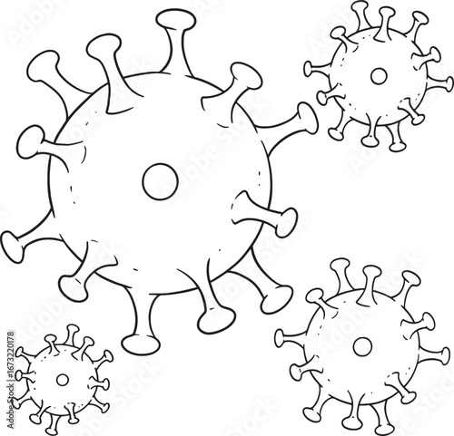 A vector illustration of a cartoon-style virus, suitable for representing germs or diseases. This line-art graphic can be used in medical and educational content, public health campaigns.