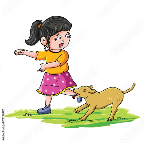 Science of hand drawn vector dog bite a girl clipart.