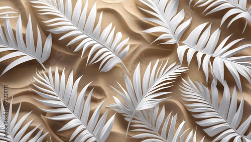 Neutral Sand Background with White Tropical Palm Leaf Pattern