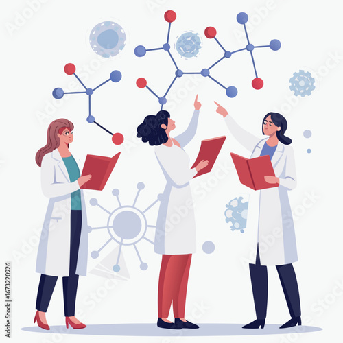 Vector art of female scientists collaborating on molecular research, analyzing data and innovating in a laboratory setting to advance scientific knowledge