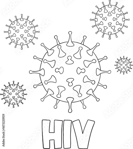 Black and white vector illustration of the HIV virus. This line art drawing depicts the human immunodeficiency virus with its distinctive shape, surrounded by smaller viral particles.