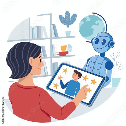 Vector art of woman uses a tablet to video call a person with a robot assistant, showcasing technology and communication in a modern learning environment
