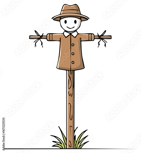 Cartoon scarecrow illustration with hat, arms, and grass, a symbol of autumn and harvest.
