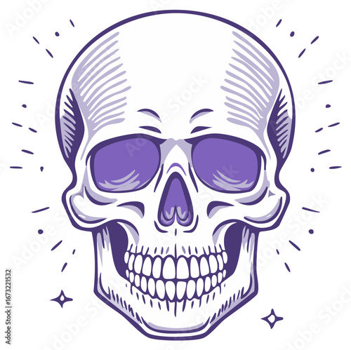 Stylized skull illustration with purple sunglasses and shining star accents spooky Halloween concept