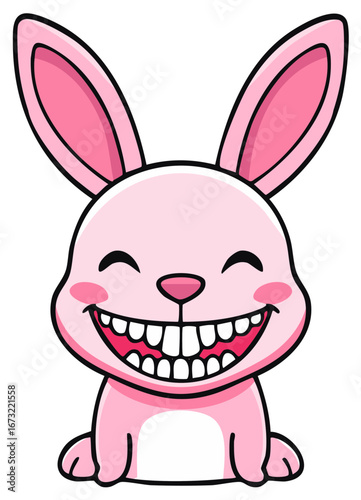 Happy pink cartoon bunny with a huge exaggerated toothy smile