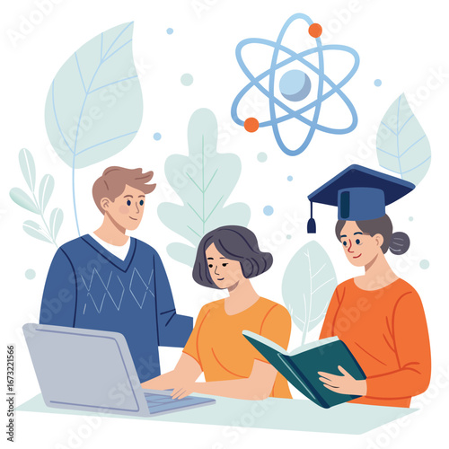 Vector art of students collaborate on a laptop, one reading a book with an atom symbol, illustrating teamwork, learning, and the pursuit of knowledge in education