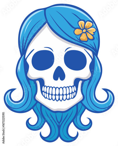 Elegant Skull Cartoon with Blue Hair and Yellow Flower, Vector Halloween or Day of the Dead Theme