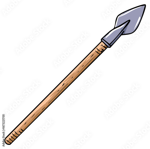 Hand Drawn Spear with Wooden Shaft and Grey Metal Head Illustration for Weapon or War Concept