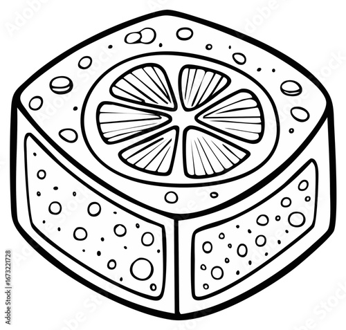 Stylized Citrus Slice in Square Form Black and White Outline