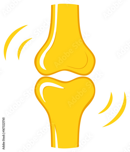 Stylized yellow human knee joint bones with radiating lines indicating pain or movement