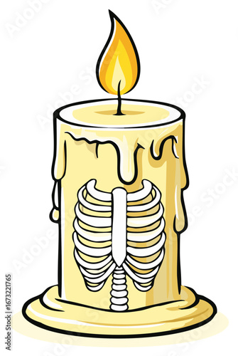 Cartoon candle with a skeleton rib cage illustration