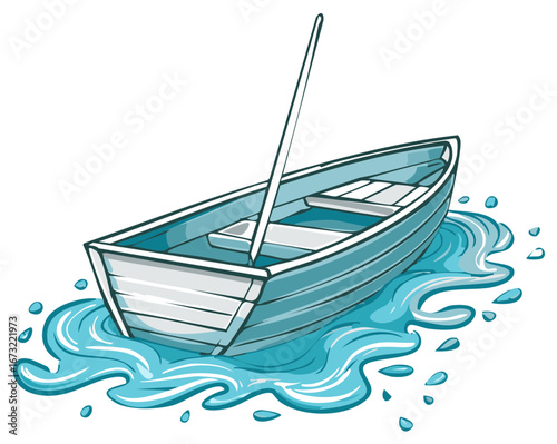 Cartoon illustration of a blue rowboat afloat in wavy water with its paddle.