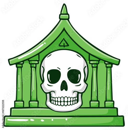 Green Mausoleum with Skull Emblem and Pyramid Top