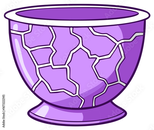 Stylized cartoon illustration of a purple ceramic bowl with a cracked pattern