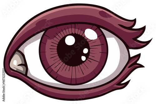 Stylized eye illustration in dark purple, with eyelashes, iris, and whites, staring forward.