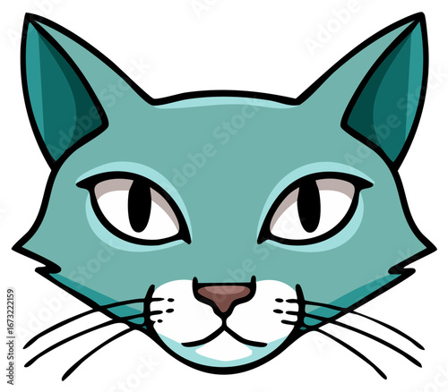 Stylized turquoise cat head with whiskers, nose, eyes and triangular ears