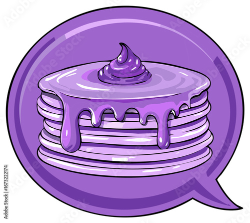 Cartoon stack of pancakes with dripping syrup in a speech bubble, purple color
