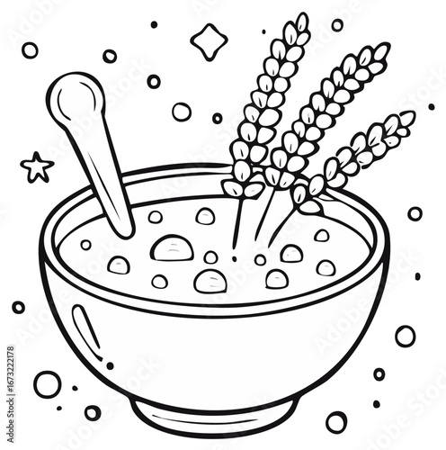 Bowl of soup with spoon and wheat stalks. Cartoon line art illustration