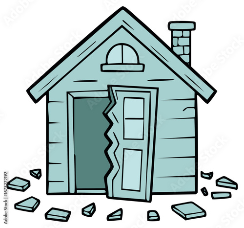 Cartoon house with broken door and scattered debris