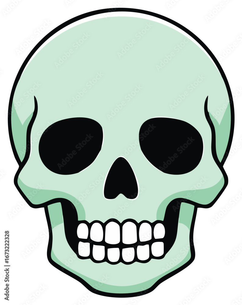Fototapeta premium Cartoonish light green skull with black eye sockets and teeth showing a friendly expression