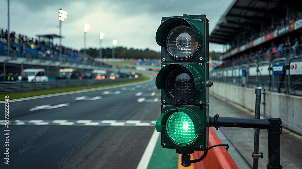 Naklejka premium Close up of a green racing traffic light at a formula 1 circuit ready for the start of a race