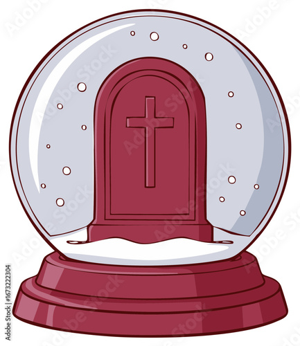 Gravestone in a Snow Globe with Snowflakes Inside and a Red Stand Depicting Mortality and Religion
