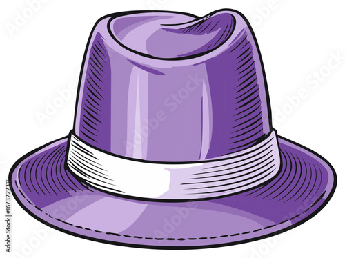 Purple Fedora Hat with White Band Isolated on White Background Sketch Style