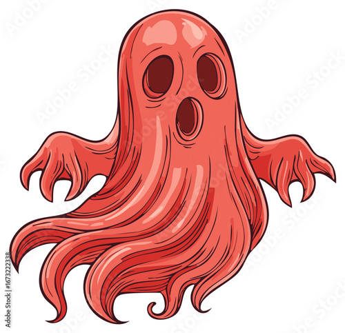 Red cartoon ghost illustration, spooky creature for Halloween decorations.