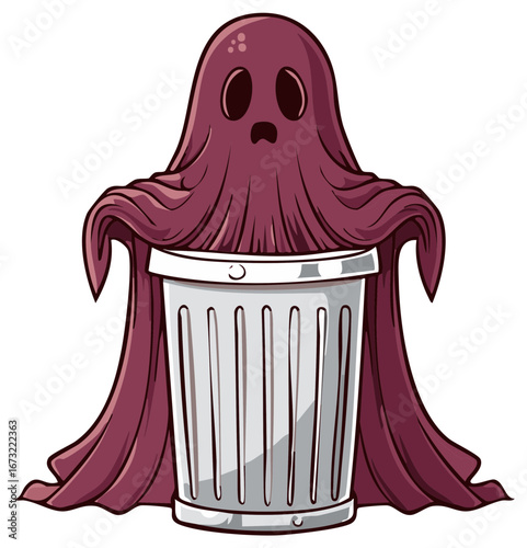 Spooky purple sheet ghost figure emerging from a silver metal trash can for Halloween fun