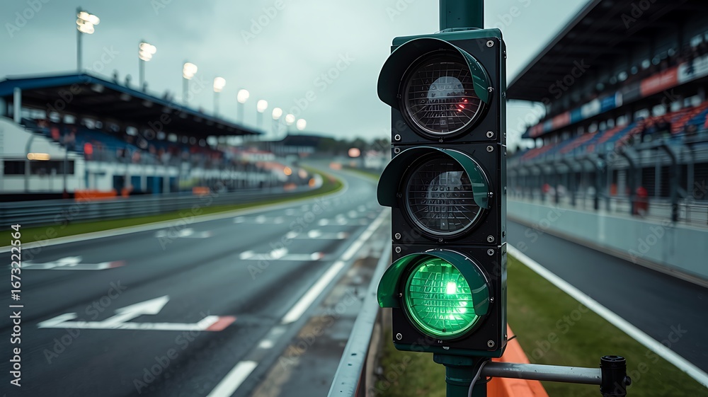 Obraz premium Green traffic light signals start of race on wet asphalt of a professional motorsport circuit with grandstands