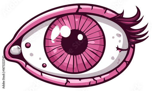 Stylized human eye illustration featuring a vibrant pink iris and expressive dark eyelashes