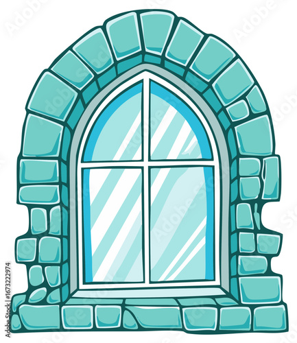 Stone arch window with clear glass pane cartoon illustration