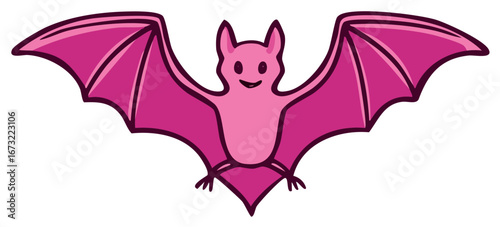 Cute pink cartoon bat with outstretched wings and happy expression