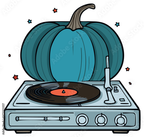 Blue pumpkin and vinyl record player illustration with star accents, Halloween themed