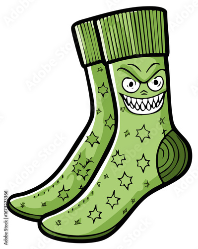 Evil green monster socks cartoon character with a scary grin and star pattern