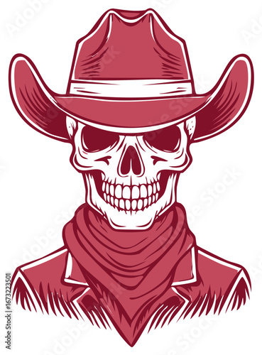 Illustration of a cowboy skull wearing a hat and a bandana.