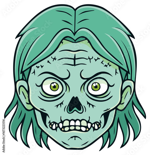 Cartoon Zombie Face with Green Hair and Stitched Forehead Illustrates Horror Theme Ideal for Halloween Designs