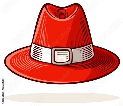 Red fedora illustration with buckle adornment and stylized vintage design for advertisements