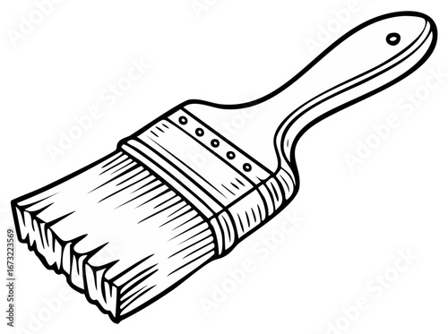 Detailed Outline Illustration of a Wooden Paintbrush with Bristles