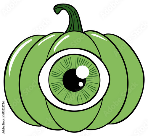 Whimsical Green Pumpkin Decoration Featuring a Large Green Eyeball