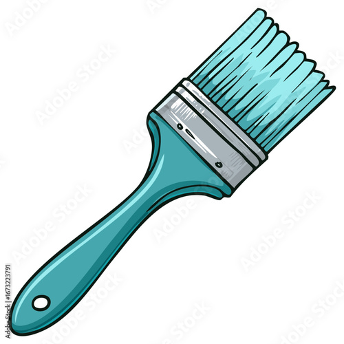 Cartoon illustration of a teal paint brush with metal ferrule and handle