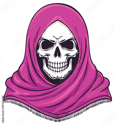 Illustration of a menacing skull head wearing a vibrant pink hooded shawl or traditional headscarf with fringes