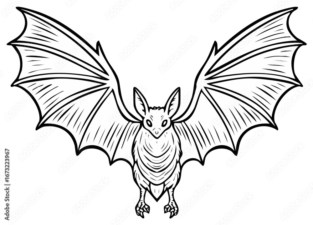 Obraz premium A stylized black and white illustration of a bat with its wings spread wide, ready for flight