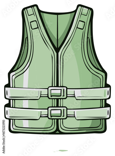 Illustration of light green life jacket with buckles providing safety in water activities and suitable for both adults and kids