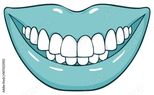Cartoon illustration of a smiling mouth with healthy, white teeth and blue lips, showing happiness