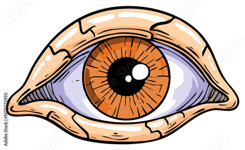 Cartoonish human eye with orange iris and cracked skin looks forward ready to show a horror concept illustration on white